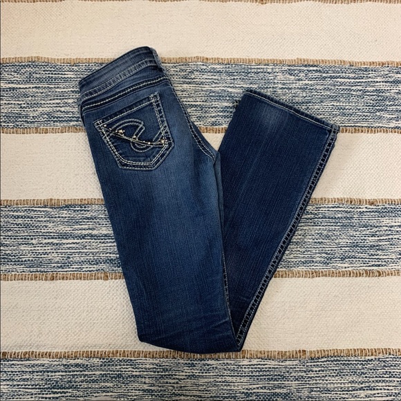 Dark Wash Silver bootcut Jeans w/ Jeweled Pockets - Picture 2 of 8